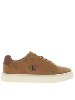 Tennis en cuir beiges à talon plat avec des lacets et logo embossé