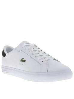Tennis en cuir blanches avec le logo brodé et le talon noir et à lacets plats