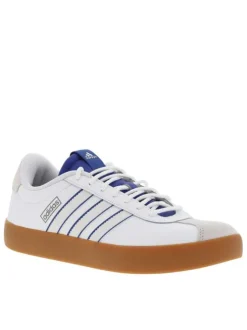 Tennis en cuir blanches et bleues à semelle marron avec lacets ronds tressés