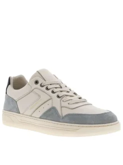 Tennis en cuir blanches et bleues à semelle translucide avec logos dorés