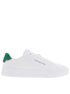 Tennis en cuir blanches et vertes à talon plat avec des lacets