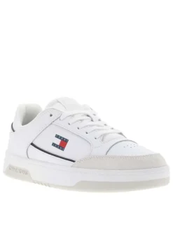 Tennis en cuir blanches à talon plat avec des lacets et logo côté externe