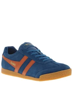 Tennis en cuir bleues en daim à empiècements rouges brique et à lacets plats
