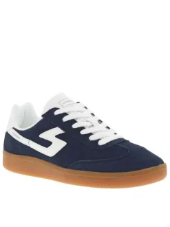Tennis en cuir bleues marine et blanches en suède à semelle plate miel