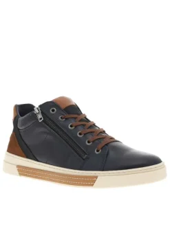Tennis en cuir bleu marine avec une fermeture zippée et des lacets