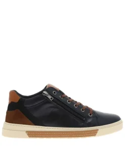 Tennis en cuir bleu marine avec une fermeture zippée et des lacets