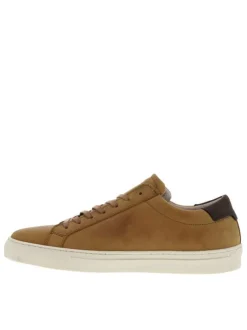 Tennis en cuir cognac à talon plat avec chevillière contrasté marron et lacets plats ton sur ton