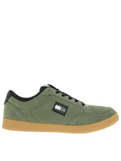 Tennis en cuir kaki avec semelle à talon plat et lacets contrastés