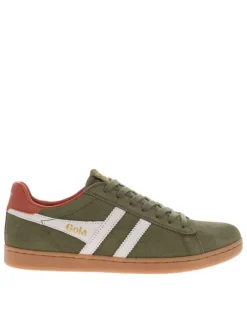 Tennis en cuir kakis en daim à empiècements blancs et à lacets plats