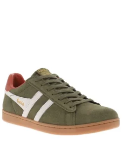 Tennis en cuir kakis en daim à empiècements blancs et à lacets plats