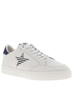 Tennis en cuir marine à talon plat et à lacets élastiqués blancs à noeuds