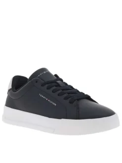 Tennis en cuir marine à talon plat et à lacets plats ton sur ton