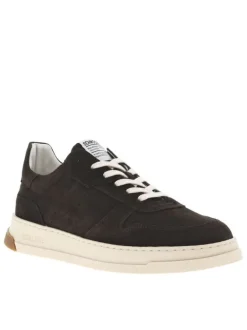 Tennis en cuir nubuck chocolat à talon plat avec des lacets blancs