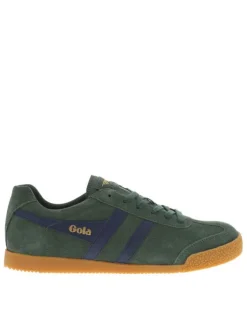 Tennis en cuir vertes sapin en daim à empiècements bleus et à semelle plate miel