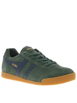 Tennis en cuir vertes sapin en daim à empiècements bleus et à semelle plate miel