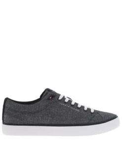 Tennis en toile basses bleues marine et blanches et à lacets plats