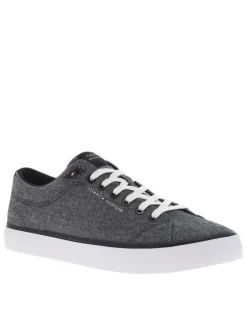 Tennis en toile basses bleues marine et blanches et à lacets plats