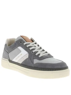 Tennis grises en cuir à talon plat avec des lacets et logo imprimé