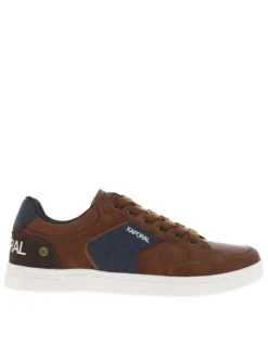 Tennis marrons et bleues marine à semelle plate blanche et à lacets plats