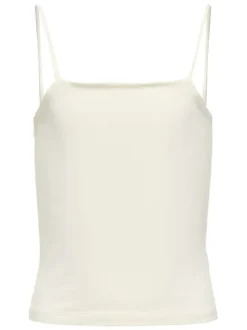 Top écru uni crop top à coupe ajustée, col rond et à fines bretelles