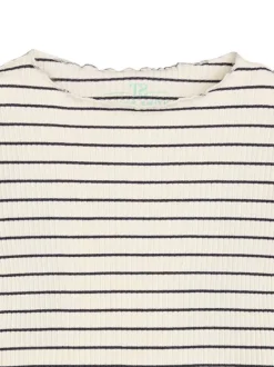 Top en coton beige à coupe ajustée orné d'un motif à rayures horizontales