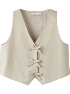 Top en coton biologique beige uni pourvu d'une coupe droite et d'un col v