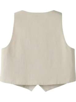 Top en coton biologique beige uni pourvu d'une coupe droite et d'un col v