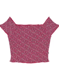 Top fuchsia tacheté avec une coupe ajusté un col carré et des manches courtes
