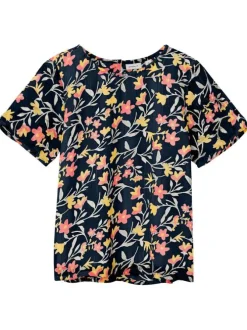 Top marine fleuri coupe droite col rond et des manches courtes