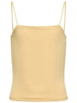 Top pêche uni crop top avec une coupe ajustée, un col rond et des bretelles