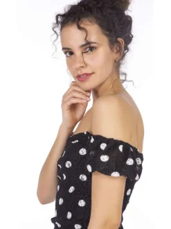Top avec imprimé micro pois pour femme Noir coupe droite