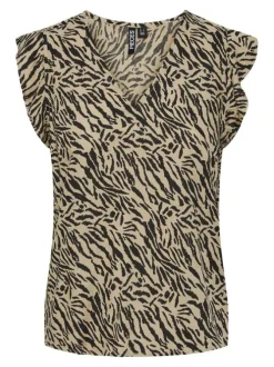 Top beige avec un imprimé abstrait coupe droite col v et un col v