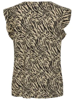Top beige avec un imprimé abstrait coupe droite col v et un col v