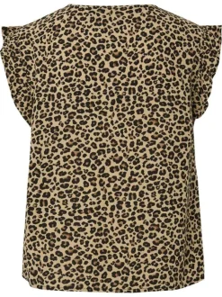 Top beige à motif animalier avec une coupe droite et un col V