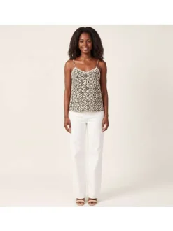 Top beige à motifs avec une coupe droite sans manches avec des bretelles