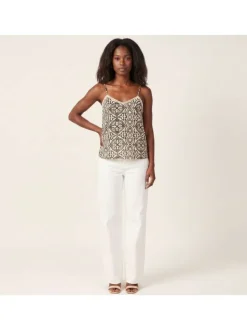Top beige à motifs avec une coupe droite sans manches avec des bretelles