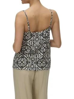 Top beige à motifs avec une coupe droite sans manches avec des bretelles