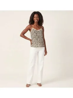 Top beige à motifs avec une coupe droite sans manches avec des bretelles