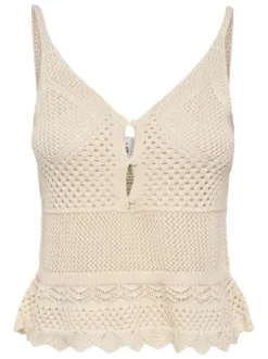 Top beige uni sans manche pourvu d'une coupe évasée et d'un col v