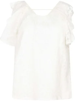 Top blanc uni en dentelle avec une coupe droite et un col rond