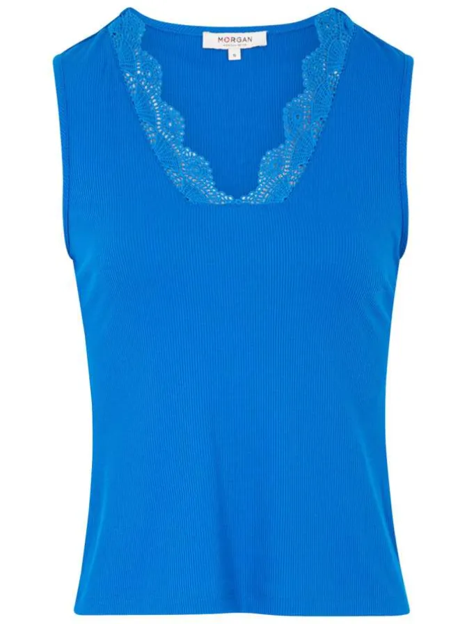 Top bleu électrique uni à coupe ajustée, col v en dentelle et sans manches