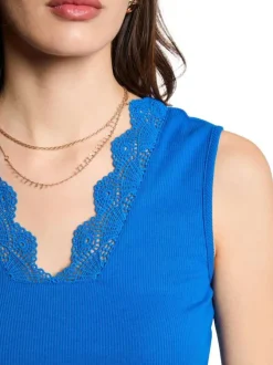 Top bleu électrique uni à coupe ajustée, col v en dentelle et sans manches