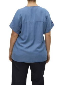Top boutonné bleu indigo uni aspect denim à coupe droite fluide et à col v