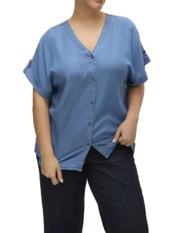 Top boutonné bleu indigo uni aspect denim à coupe droite fluide et à col v