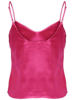 Top à bretelles fuchsia satiné avec un col v arrondi et une coupe droite