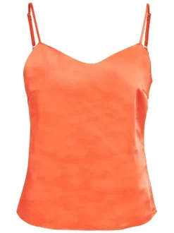 Top à bretelles orange uni avec un effet satiné et un col v arrondi