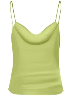 Top à bretelles vert uni avec un col v arrondi et un effet satiné