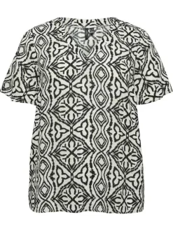 Top écru et noir à motifs géométriques avec une coupe droite et un col v
