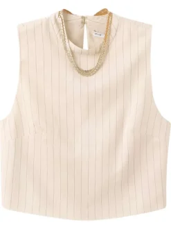 Top écru à rayures avec une coupe cropped et un bijou au col