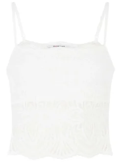 Top écru uni à coupe crop top, col rond et sans manches en dentelle